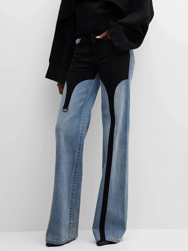 DEAT Fashion Moteriškos džinsinės kelnės aukštu juosmeniu juodos ir mėlynos spalvos kontrastas, siūlas iki grindų, plačios kojos džinsai 2023 m. ruduo Nauja 7AB763