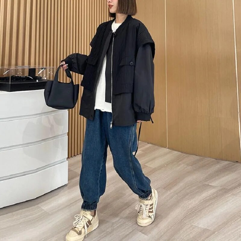 Labavi lažni dvodijelni kaput s vezicama, ženski kaput za proljeće i jesen 2023., novi baloner s patentnim zatvaračem, dugih rukava