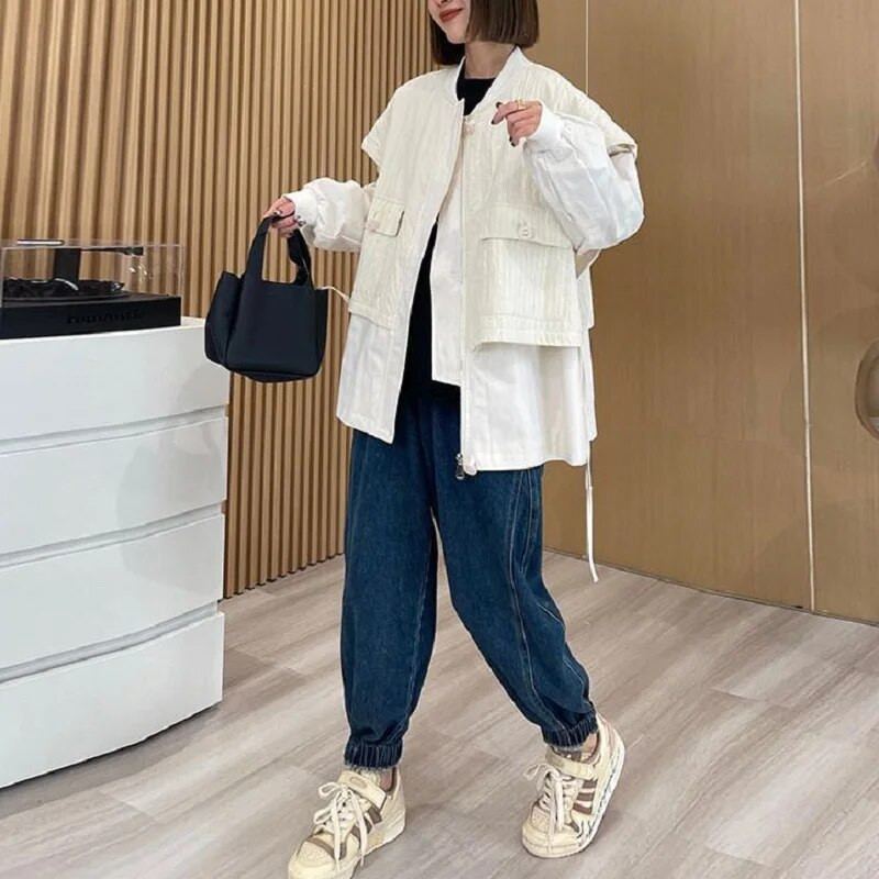 Labavi lažni dvodijelni kaput s vezicama, ženski kaput za proljeće i jesen 2023., novi baloner s patentnim zatvaračem, dugih rukava