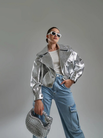 Κομψό ασημένιο γυναικείο ψεύτικο δερμάτινο μπουφάν μοτοσικλέτας Κομψό μακρυμάνικο παλτό PU με φαρδύ πέτο 2023 Φθινοπωρινό Lady Fashion Πανωφόρι