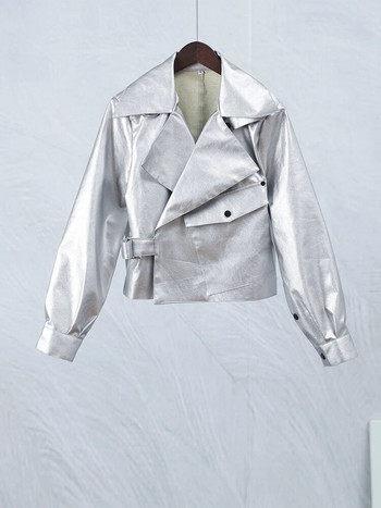 Шикозно сребърно дамско мотоциклетно яке от фалшива кожа Елегантно свободно палто от полиуретан с дълги ръкави с ревер 2023 Есенно дамско модно палто