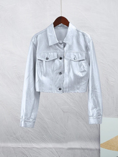 Šikk hõbedane naiste kunstnahast mootorratta jope Elegantne avara revääriga pikkade varrukatega PU-mantel 2023. aasta sügisene daami moemantel