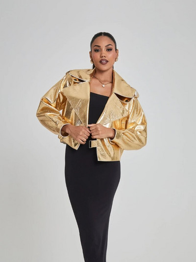 Šikk hõbedane naiste kunstnahast mootorratta jope Elegantne avara revääriga pikkade varrukatega PU-mantel 2023. aasta sügisene daami moemantel