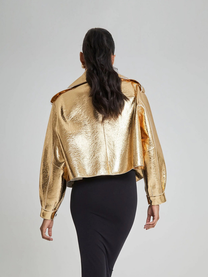 Šikk hõbedane naiste kunstnahast mootorratta jope Elegantne avara revääriga pikkade varrukatega PU-mantel 2023. aasta sügisene daami moemantel