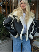 Patchwork Pu Nahk Lambad Villane karusnahk kärbitud jope Naiste reväärkrae Paks soe lühike mantel 2023 Sügistalvine Daami Välisrõivad