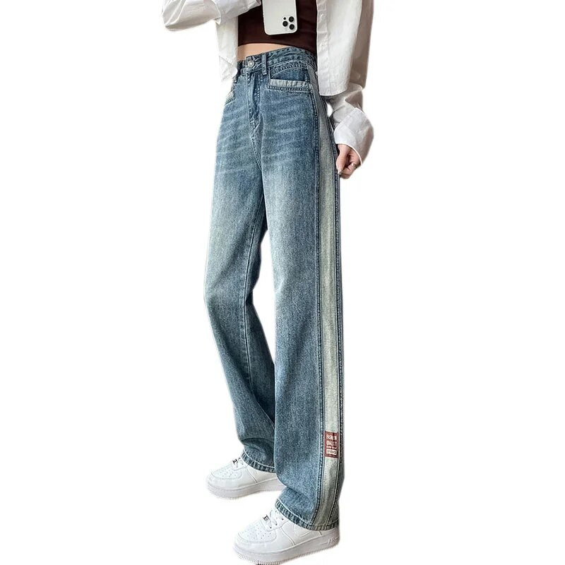 Korea mood, sinised teksad, naiste kõrge vöökohaga teksapüksid, naisterõivad, tänavarõivad, naiste teksad, 2023. aasta trend Y2k vanad riidepüksid