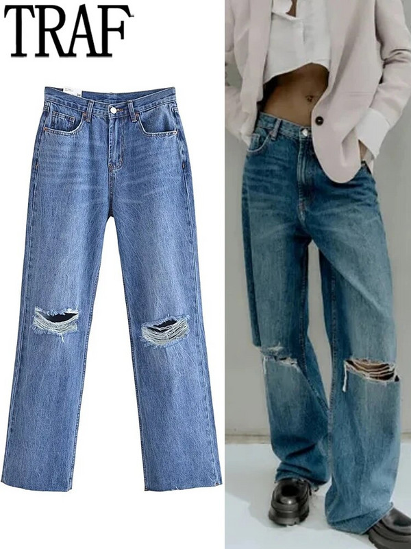 TRAF Μπλε φαρδύ τζιν Γυναικείο σκισμένο τζιν παντελόνι Γυναικείο ψηλόμεσο παντελόνι φαρδύ πόδι Γυναικεία μόδα Streetwear Γυναικεία παντελόνια