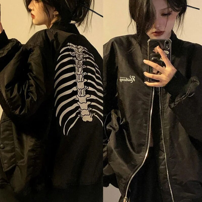 QWEEK Vintage jakid Bomber Jacket Naiste must gooti Harajuku Grunge Ameerika pesapalli jope Paar Sügis lahedad ülerõivad Uus