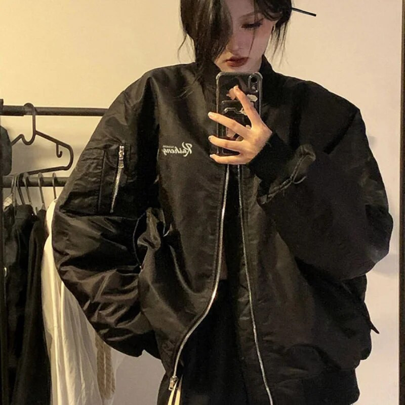 QWEEK Vintage jakid Bomber Jacket Naiste must gooti Harajuku Grunge Ameerika pesapalli jope Paar Sügis lahedad ülerõivad Uus
