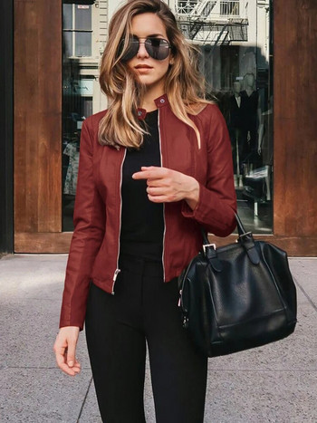 Дамско летно яке от изкуствена кожа Горно облекло с цип Есенна мода 2023 г. Къси тънки женски якета Ежедневни палта за офис дами