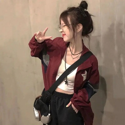 Pagrindinės striukės, moteriškos korėjietiško stiliaus vintažinės plokščių raištelių, studentų, rudeninės, laisvalaikio Harajuku BF unisex mados prašmatnios Populiarios