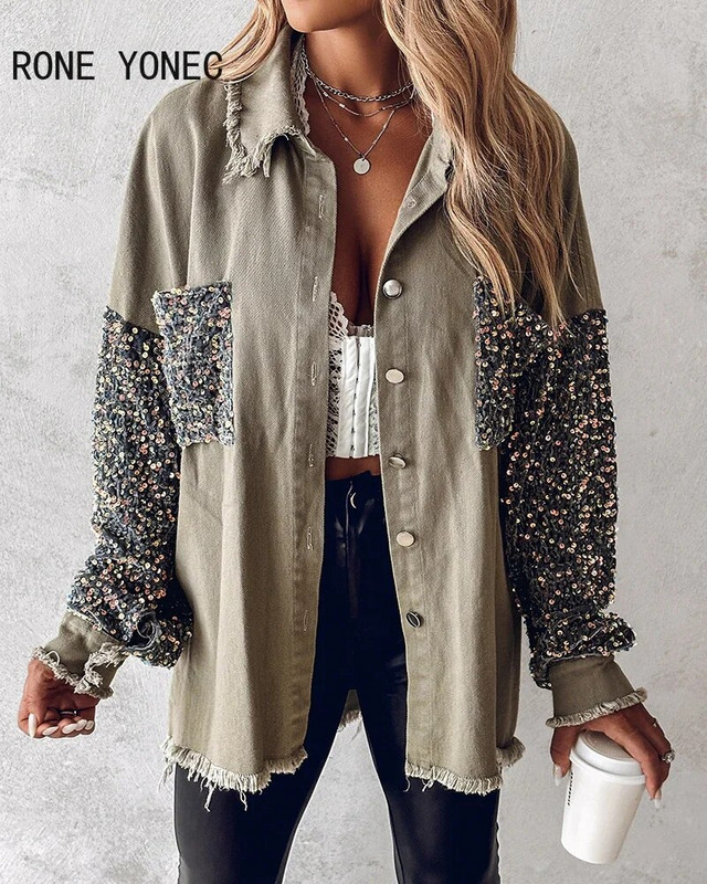 Contrast Sequin Raw Hem Shacket Moteriškos striukės ir paltai