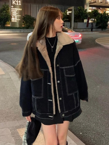 Ново корейско модно зимно дамско палто Топло дънково яке с ревер 2023 Ежедневно работно облекло Якета с памучна подплата за жени Топове