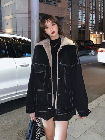 Ново корейско модно зимно дамско палто Топло дънково яке с ревер 2023 Ежедневно работно облекло Якета с памучна подплата за жени Топове