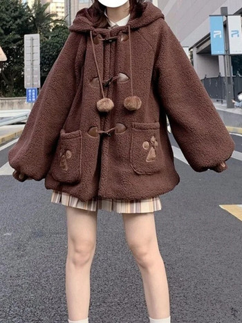 KOSAHIKI Ιαπωνικό στυλ Φθινοπωρινό χειμώνα Γυναικείες Γλυκό αρνί μάλλινο μπουφάν Kawaii Soft Bear Αυτιά με κουκούλα Παλτό για κορίτσια Νέα χαριτωμένα ρούχα