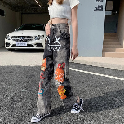 Feynzz 2022 Kevad-suvi Paks MM High Street Graffiti Dad Teksad Naiste avara kõrge vöökohaga, õhukesed laiad sirged püksid