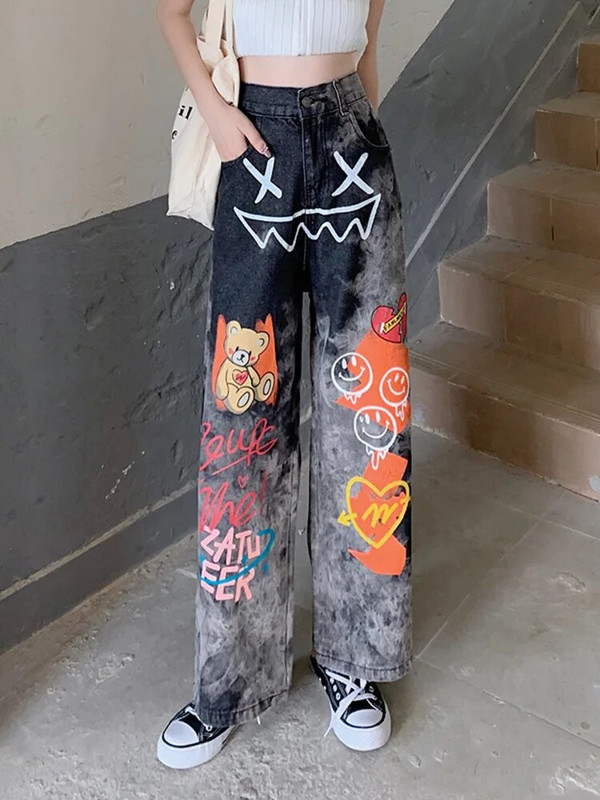 Feynzz 2022 Kevad-suvi Paks MM High Street Graffiti Dad Teksad Naiste avara kõrge vöökohaga, õhukesed laiad sirged püksid