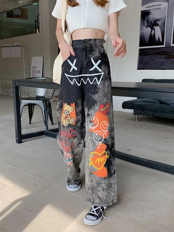 Feynzz 2022 Kevad-suvi Paks MM High Street Graffiti Dad Teksad Naiste avara kõrge vöökohaga, õhukesed laiad sirged püksid