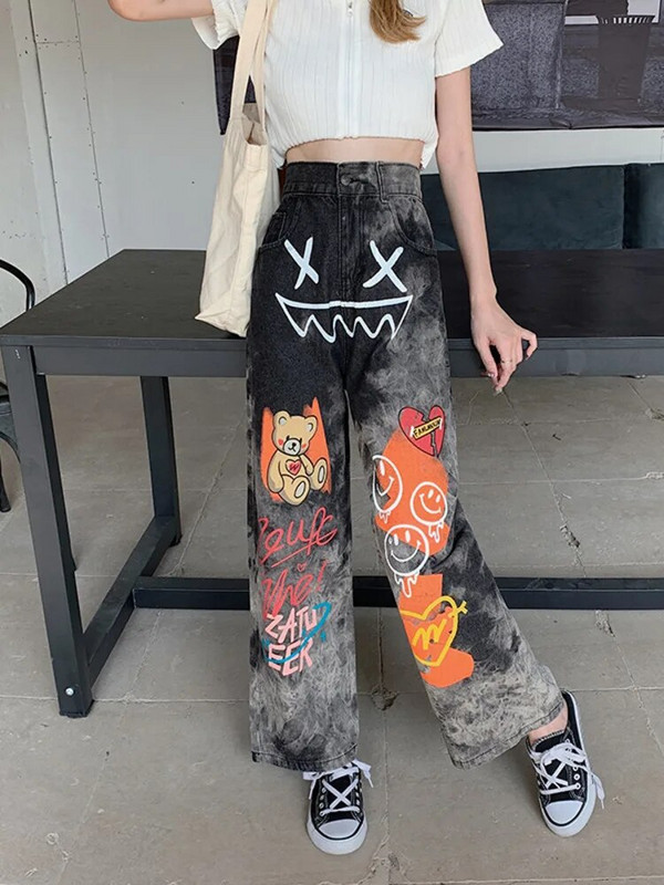Feynzz 2022 Kevad-suvi Paks MM High Street Graffiti Dad Teksad Naiste avara kõrge vöökohaga, õhukesed laiad sirged püksid