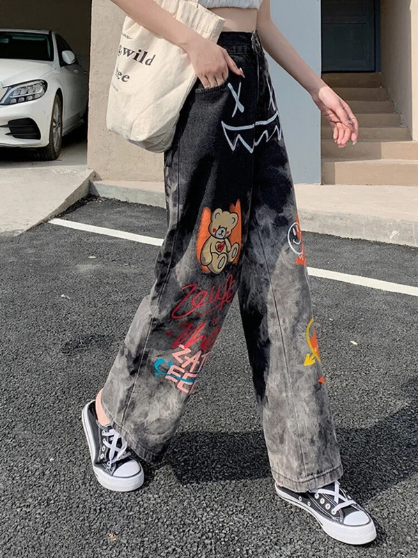 Feynzz 2022 Kevad-suvi Paks MM High Street Graffiti Dad Teksad Naiste avara kõrge vöökohaga, õhukesed laiad sirged püksid