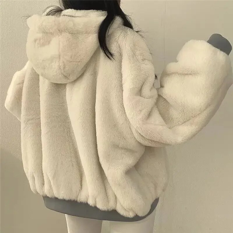 Talvine fliis kohev jope Naiste Harajuku Solid Paks soe Fuzzy Plush Tõmblukuga Pööratav Parka jakid Mantel Outwear kapuutsid