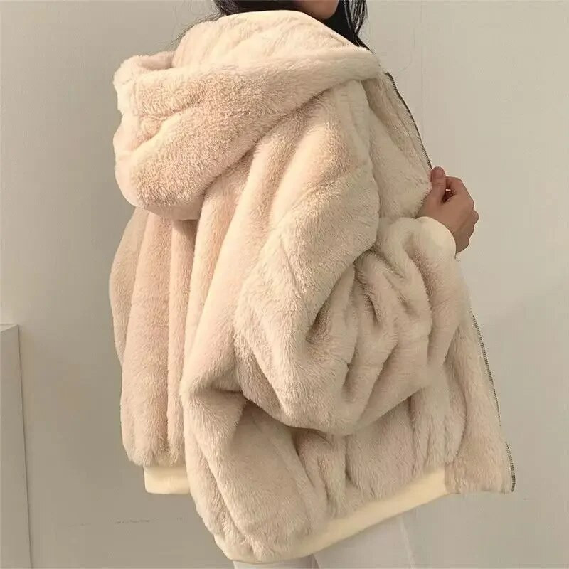 Talvine fliis kohev jope Naiste Harajuku Solid Paks soe Fuzzy Plush Tõmblukuga Pööratav Parka jakid Mantel Outwear kapuutsid