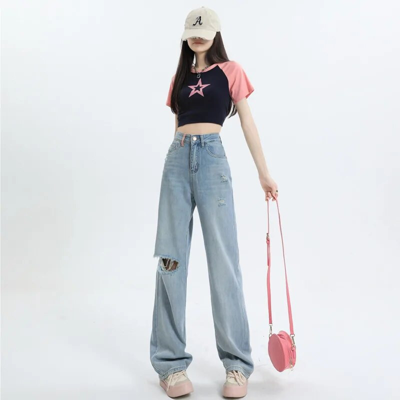 Naiste rõivad Vintage teksad Naine kõrge vöökohaga naiste teksad 2023 Trend Y2k Denim Streetwear Korea mood püksid riided sinine