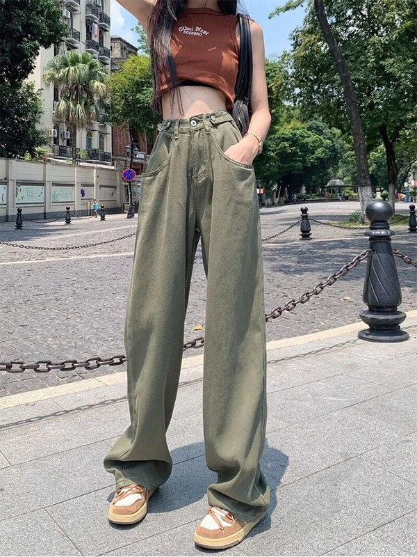 2022 m. rudens nauji moteriški žali džinsai aukštu juosmeniu, laisvi tiesūs, platūs džinsai, moteriški Y2k laisvalaikio gatvės aprangos vintažinės šluostymo kelnės