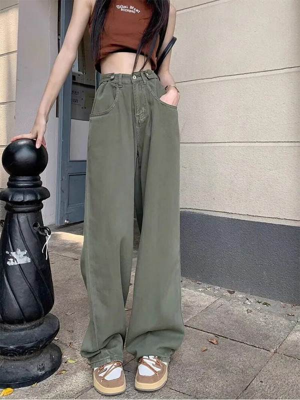 2022 m. rudens nauji moteriški žali džinsai aukštu juosmeniu, laisvi tiesūs, platūs džinsai, moteriški Y2k laisvalaikio gatvės aprangos vintažinės šluostymo kelnės