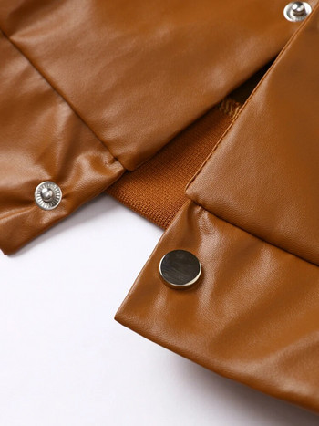 Дамско едноредно късо палто от изкуствена кожа с буква B Дамски якета с цял ръкав Дамско О-образно деколте с копчета Slim Fit Streetwear