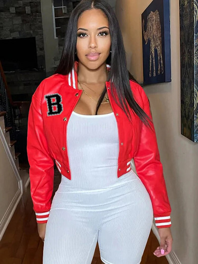 Naiste B-tähega üherealine PU kunstnahast lühike mantel Naiste täisvarrukatega jakid Naiste O-kaelusega nööbiga allapoole liibuvad tänavarõivad