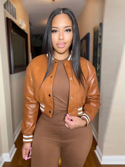 Naiste B-tähega üherealine PU kunstnahast lühike mantel Naiste täisvarrukatega jakid Naiste O-kaelusega nööbiga allapoole liibuvad tänavarõivad