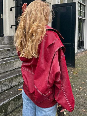 Φθινοπωρινά μπουφάν με κόκκινη βελονιά για γυναίκες Μόδα γιακά με πέτο Oversize Δερμάτινα παλτό 2023 Κομψές τσέπες με αντίθεση Pu Jacket