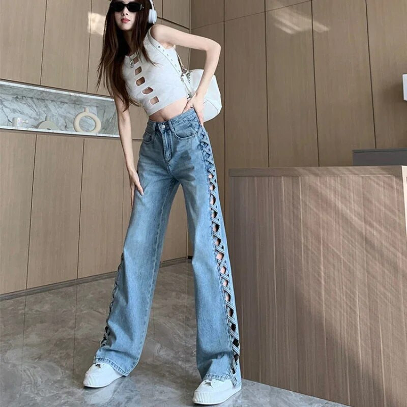 Moodsad vintage teksad Taskud ühevärvilised õõnsad kõrge vöökohaga Pantalones De Mujer kevadised kõik sobivad vabaaja vabad naisteriided