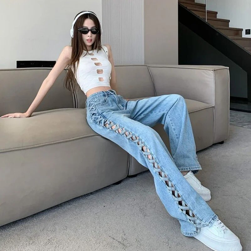 Moodsad vintage teksad Taskud ühevärvilised õõnsad kõrge vöökohaga Pantalones De Mujer kevadised kõik sobivad vabaaja vabad naisteriided