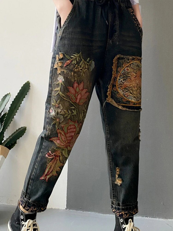 Max LuLu Briti disainiga teksariidest trükitud haaremipüksid naiste vabad teksad Naiste harajuku lillelised püksid vintage pantalonid