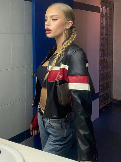 Μπουφάν Rapwriter Street Moto&Biker Racing PU y2k Δερμάτινα παλτά με κομμένο χρώμα αντίθεσης, φθινοπωρινά Harajuku με φερμουάρ