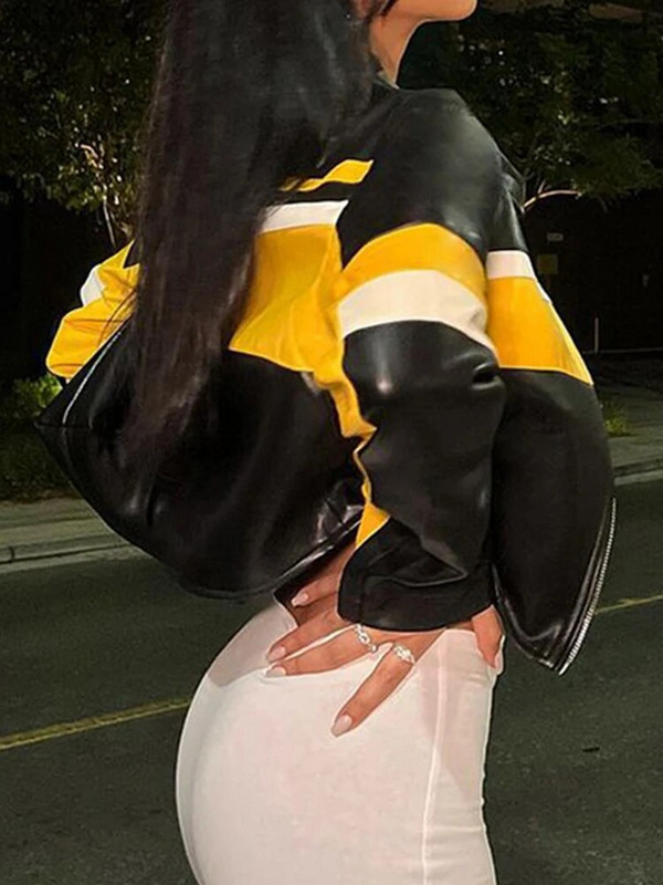 Μπουφάν Rapwriter Street Moto&Biker Racing PU y2k Δερμάτινα παλτά με κομμένο χρώμα αντίθεσης, φθινοπωρινά Harajuku με φερμουάρ