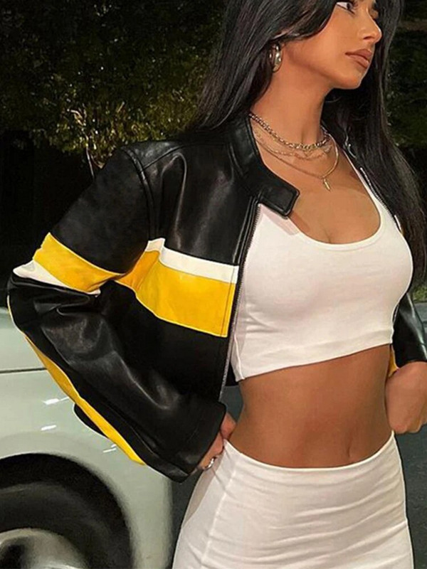 Μπουφάν Rapwriter Street Moto&Biker Racing PU y2k Δερμάτινα παλτά με κομμένο χρώμα αντίθεσης, φθινοπωρινά Harajuku με φερμουάρ