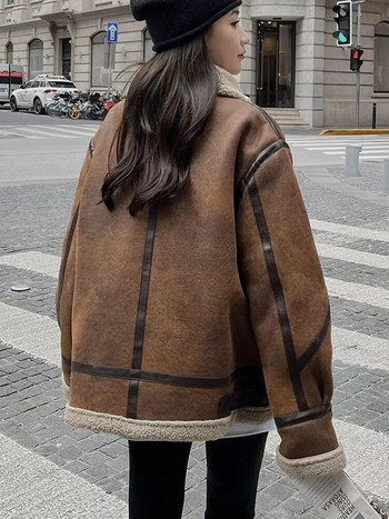 2023 Зимни якета от изкуствен велур от овча кожа за жени Зимно топло палто от изкуствена кожа Дамски къси ежедневни якета с цип с дълъг ръкав Палто