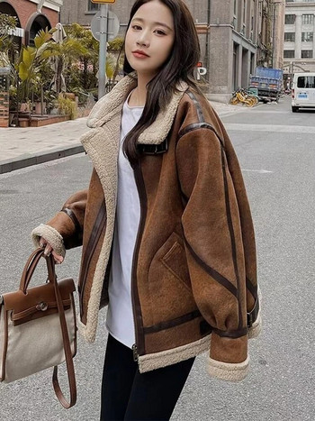 2023 Winter Sheepskin Faux Suede Μπουφάν για Γυναικεία Χειμωνιάτικο ζεστό παλτό από ψεύτικη γούνα Γυναικείο μακρυμάνικο φερμουάρ Κοντό casual παλτό