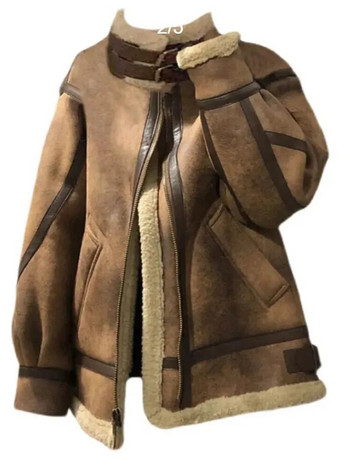 2023 Зимни якета от изкуствен велур от овча кожа за жени Зимно топло палто от изкуствена кожа Дамски къси ежедневни якета с цип с дълъг ръкав Палто