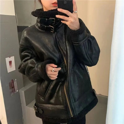 2023 m. žieminės avikailio dirbtinės zomšos striukės moterims Žieminiai šilti dirbtinio kailio paltai Moteriški ilgomis rankovėmis užtrauktuku trumpi laisvalaikio švarkai