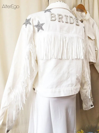 Τζιν μπουφάν με αστέρια Λευκό κρόσσι πέρλα & στρας Προσαρμοσμένο μπουφάν νύφης Προσαρμοσμένο μπλουζάκια τζιν γάμου Mrs.Jean Wifey