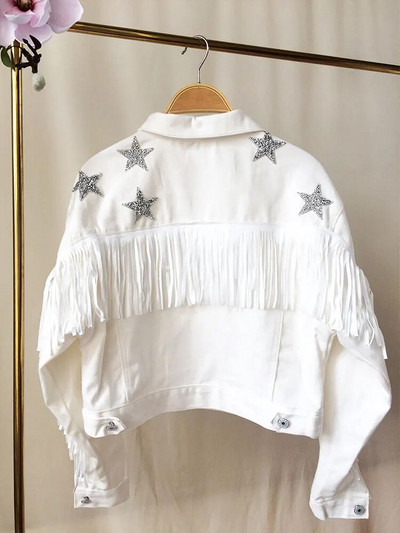 Τζιν μπουφάν με αστέρια Λευκό κρόσσι πέρλα & στρας Προσαρμοσμένο μπουφάν νύφης Προσαρμοσμένο μπλουζάκια τζιν γάμου Mrs.Jean Wifey