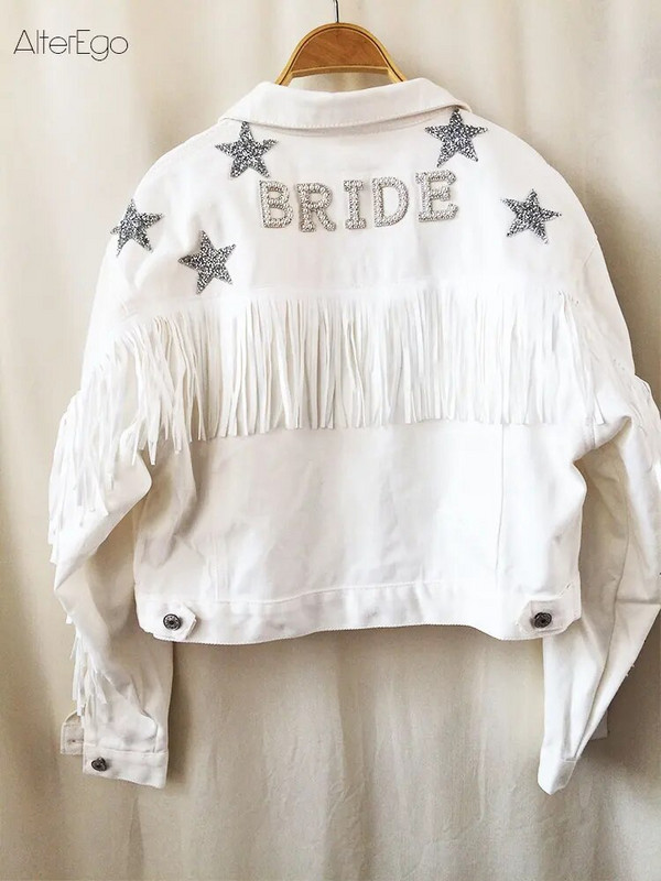 Τζιν μπουφάν με αστέρια Λευκό κρόσσι πέρλα & στρας Προσαρμοσμένο μπουφάν νύφης Προσαρμοσμένο μπλουζάκια τζιν γάμου Mrs.Jean Wifey