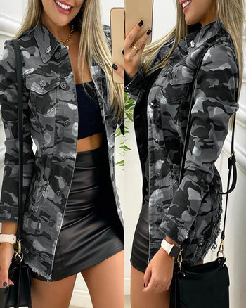 Есен 2023 Ежедневни дамски якета с дълъг ръкав с копчета с дизайн на джоба Модно дамско яке с камуфлаж