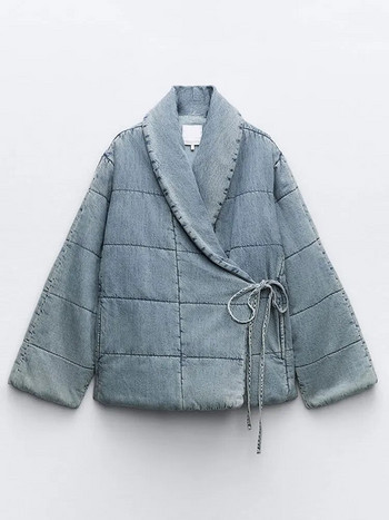 Vintage γυαλιστερό γιακά με κορδόνι γυναικείο μπουφάν με καρό μακρυμάνικο βαμβακερό παλτό 2023 Φθινόπωρο, χειμώνα, γυναικεία ρούχα στο δρόμο