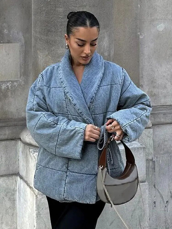 Vintage γυαλιστερό γιακά με κορδόνι γυναικείο μπουφάν με καρό μακρυμάνικο βαμβακερό παλτό 2023 Φθινόπωρο, χειμώνα, γυναικεία ρούχα στο δρόμο