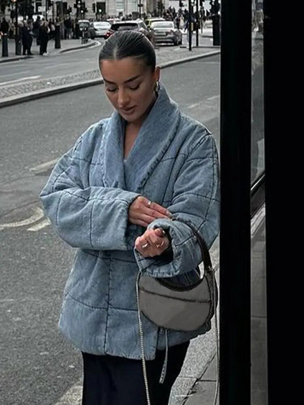 Vintage γυαλιστερό γιακά με κορδόνι γυναικείο μπουφάν με καρό μακρυμάνικο βαμβακερό παλτό 2023 Φθινόπωρο, χειμώνα, γυναικεία ρούχα στο δρόμο